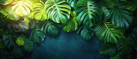 Aufkleber - Tropical green leaves background with light highlights and dark copy space for text placement