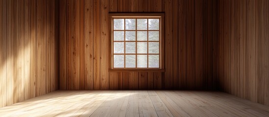Aufkleber - Empty wooden room interior with large window daylighting, wooden walls and floor, Copy Space for text placement