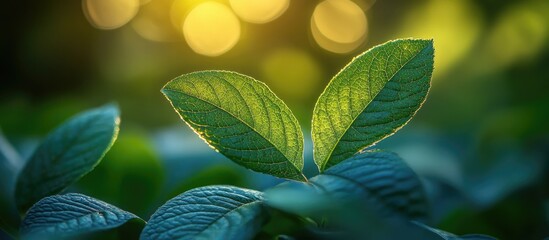 Aufkleber - Close-up of fresh green leaves with sunlight glowing through them and blurred background providing Copy Space