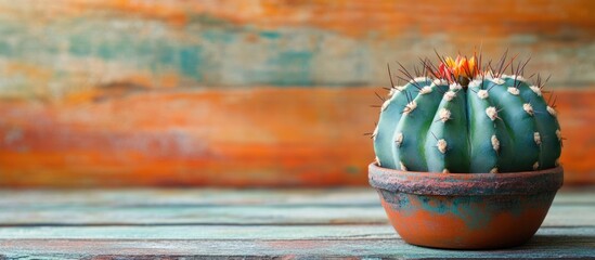 Aufkleber - Cactus in terracotta pot with colorful wooden background and copy space for text