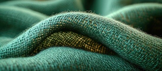 Poster - Textured green fabric with soft folds and depth, showcasing intricate weave patterns, ideal for background use and textile design. Copy Space.