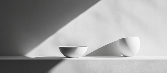 Leinwandbilder - Minimalist black and white composition of two ceramic bowls with dramatic lighting and shadows on a surface Copy Space