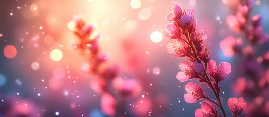Fototapete - Blurry background of pink flowers with bokeh lights creating a dreamy atmosphere showcasing soft colors and Copy Space for text placement