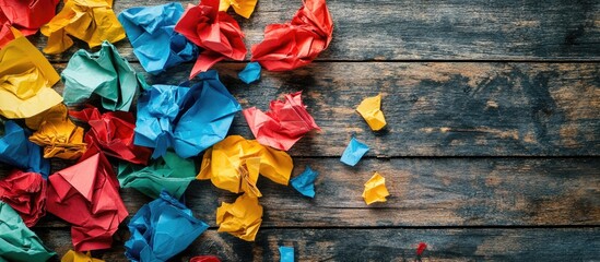 Aufkleber - Colorful crumpled paper balls on rustic wooden tabletop Copy Space