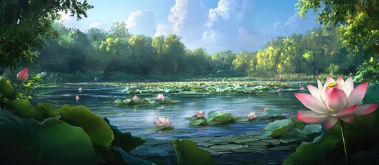 Poster - Lush green landscape with lotus flowers in serene pond under blue sky and fluffy clouds Copy Space