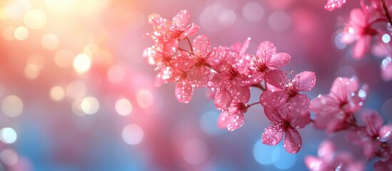 Poster - Pink cherry blossom flowers with water droplets against a blurred bokeh background featuring soft pastel colors Copy Space