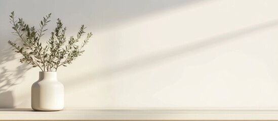 Aufkleber - Minimalist interior with a white vase containing greenery on a shelf with soft shadows and neutral wall, Copy Space available.