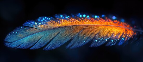 Aufkleber - Colorful feather with water droplets on dark background Copy Space