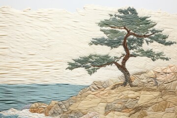 Wall Mural - Pine tree on the coastal cliff sketch plant land.