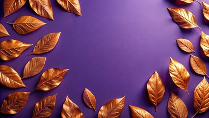 Wall Mural - Metallic orange leaves arranged in a geometric pattern on a rich violet background ,  fall, autumn, dry, metallic, leaves