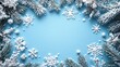©  AugmentArt - Winter themed flat lay featuring a light blue background adorned with snowflakes and frosted evergreen branches.