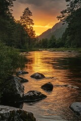 Wall Mural - Golden Sunset Over Mountains