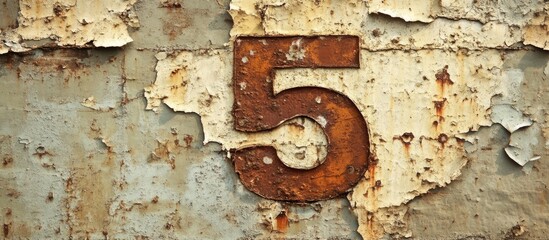 Wall Mural - Rusty Metal Number Five on Peeling Paint Wall Surface Texture