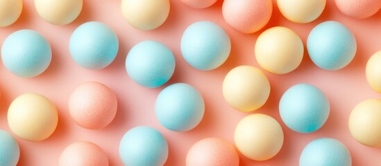Colorful pastel ball assortment on a soft pink background with copy space for text or branding.