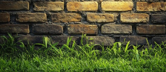 Wall Mural - Brick wall with textured weathered bricks and green grass at the base