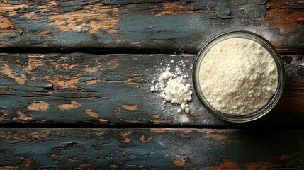 Baking soda in a glass bowl on rustic wooden surface with scattered powder creating a vintage kitchen ambiance