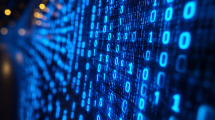 binary code stream, digital data flow, futuristic technology background, blue glowing numbers, infor