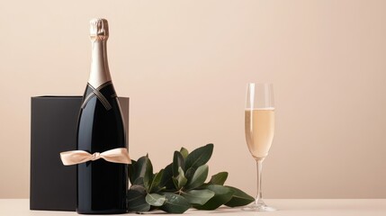 Wall Mural - Elegant black gift box with champagne bottle and glass on neutral background for celebration or greeting card copyspaceè®¾è®¡