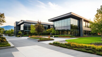 Wall Mural - Modern architectural design of a corporate building with landscaped surroundings and clear blue sky in daylight