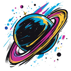 Wall Mural - An abstract depiction of a planet with a ring system in a dynamic composition of vibrant colors and paint splashes suggesting cosmic energy.