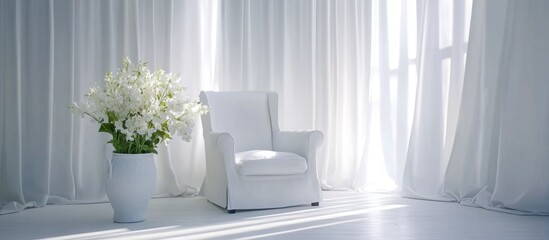 Sticker - Minimalist white interior featuring curtains, an armchair, and flower vases in a spacious setting for elegant design and decoration concepts