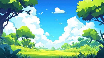 Wall Mural - Lush Green Meadow Under a Sunny Sky With Birds