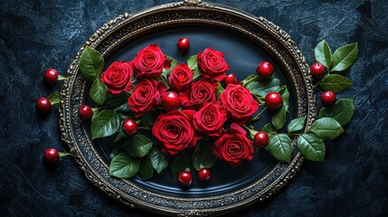 Aufkleber - Elegant red roses arranged in an ornate black tray on a dark textured background with space for personalized text or messages