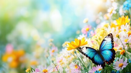 Fototapete - Stunning blue butterfly perched on bright wildflowers showcasing the beauty of nature in a vibrant blooming landscape