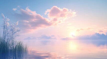 Fototapete - Serene sunset landscape with calm waters and soft clouds providing ample space for text overlay and creative content