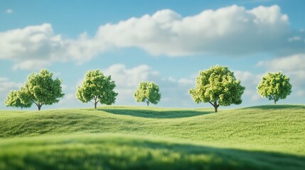 Aufkleber - Lush green field with trees under bright blue sky and fluffy clouds providing ample space for text or graphics.