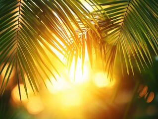 Wall Mural - Palm leaves frame a bright golden sun with warm bokeh creating a tropical paradise mood