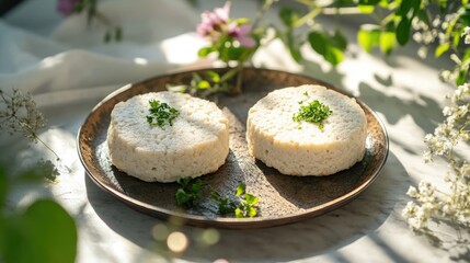 Wall Mural - Creamy tofu cakes on rustic plate surrounded by fresh greenery and soft sunlight highlighting vibrant colors and textures