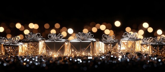 Aufkleber - Festive Unwrapped Gifts Glimmering with Holiday Lights Against a Dark Background and Ample Space for Text or Messages