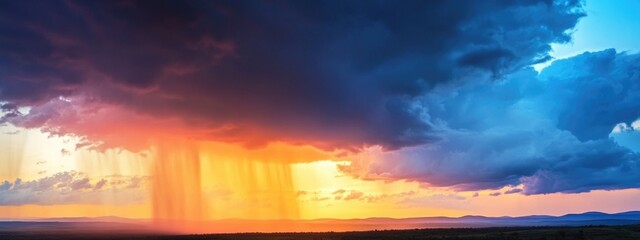 Aufkleber - Dramatic sunset with storm clouds reflecting vibrant colors and light rain creating a stunning contrast in the sky perfect for weather themes