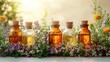 © CryptoCanvas - Top view of aromatic essential oils in glass bottles surrounded by colorful flowers and natural elements with space for text