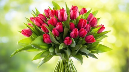 Aufkleber - Vibrant red tulip bouquet against a soft green backdrop capturing the essence of spring freshness and natural beauty.