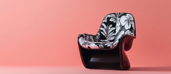 Fototapete - Minimalist Black Plastic Chair with Floral Print on Pink Background Retro Style Poster with Copyspace for Fashion and Design Text