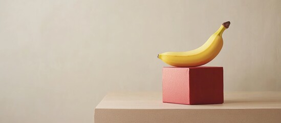 Aufkleber - Minimalist Composition of Yellow Banana on Red Cube with Neutral Background and Space for Text in Contemporary Design Concept