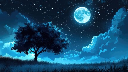 Poster - Tranquil Night Landscape with a Full Moon and Starry Sky Ideal for Text Overlay in a Serene Setting