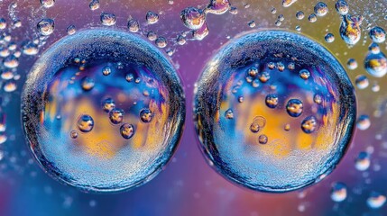 Aufkleber - Two dew drop shaped bubbles on a colorful glass surface with reflections and droplets showcasing macro photography details.
