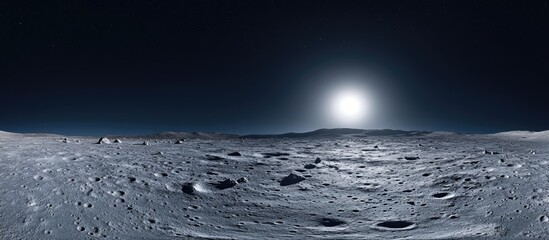 Wall Mural - Serene panoramic view of a moon surface illuminated by stars showcasing a tranquil nighttime space atmosphere with dramatic shadows