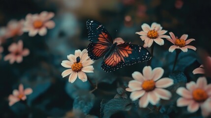 Poster - Colorful butterflies perched on daisies in a serene garden setting capturing nature's beauty and delicate interactions.