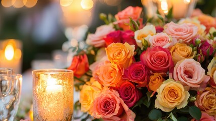 Aufkleber - Elegant rose bouquet illuminated by warm candlelight creating a romantic ambiance at a special event or celebration