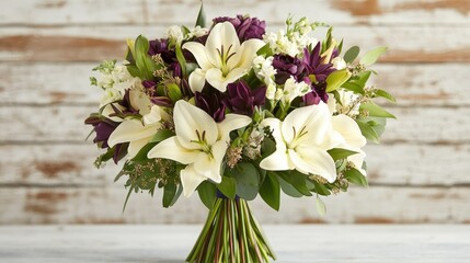 Aufkleber - Elegant bouquet featuring cream lilies and deep purple flowers set against a rustic wooden background highlighting natural beauty and contrast