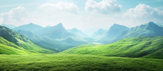 Poster - Vast natural landscape showcasing mountains and vibrant green grass with ample empty space suitable for text or creative overlays
