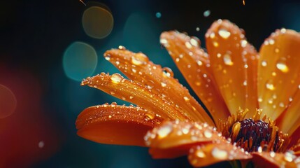 Leinwandbilder - Close up of water droplets on vibrant orange marigold flower in golden hour light with defocused background and space for text