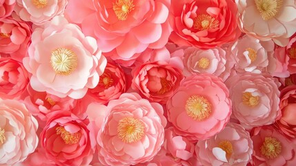Fototapete - Vibrant pink paper peonies arranged beautifully with ample empty space for text in a top view composition suitable for a floral background.