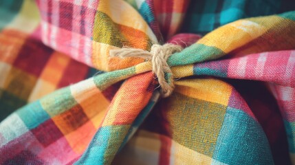 Poster - Colorful checkered fabric tied with twine showcasing a vibrant textile pattern ideal for design and crafting projects.