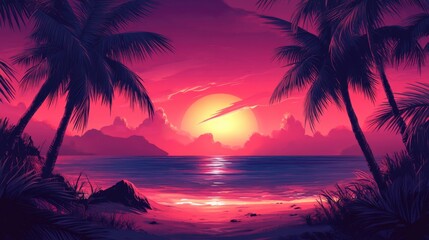 Aufkleber - Vibrant tropical sunset silhouette with palm trees framing a serene beach scene perfect for text overlay or artistic use