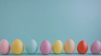 Fototapete - Colorful Easter Eggs in a Row with Soft Blue Background and Blank Space for Text or Seasonal Greetings